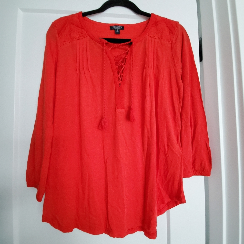 Lucky Brand Lace Front Peasant Top with Tassels
